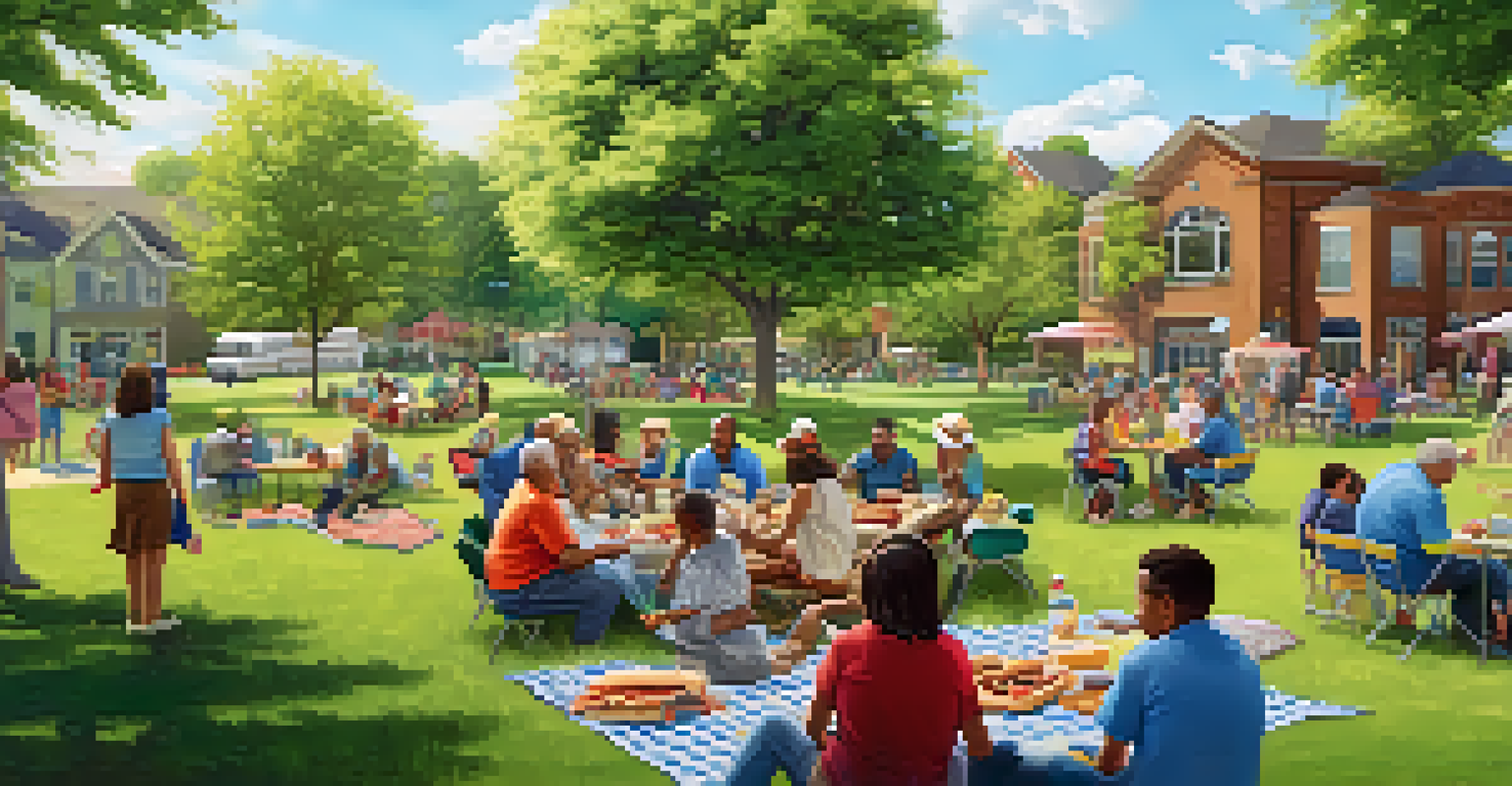 A community gathering in a park with residents enjoying a BBQ, children playing games, and adults sharing ideas under a sunny sky.