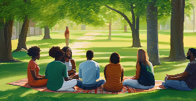 A diverse group of individuals sitting in a circle on blankets in a park, engaging in a mental health support group session under sunny trees.