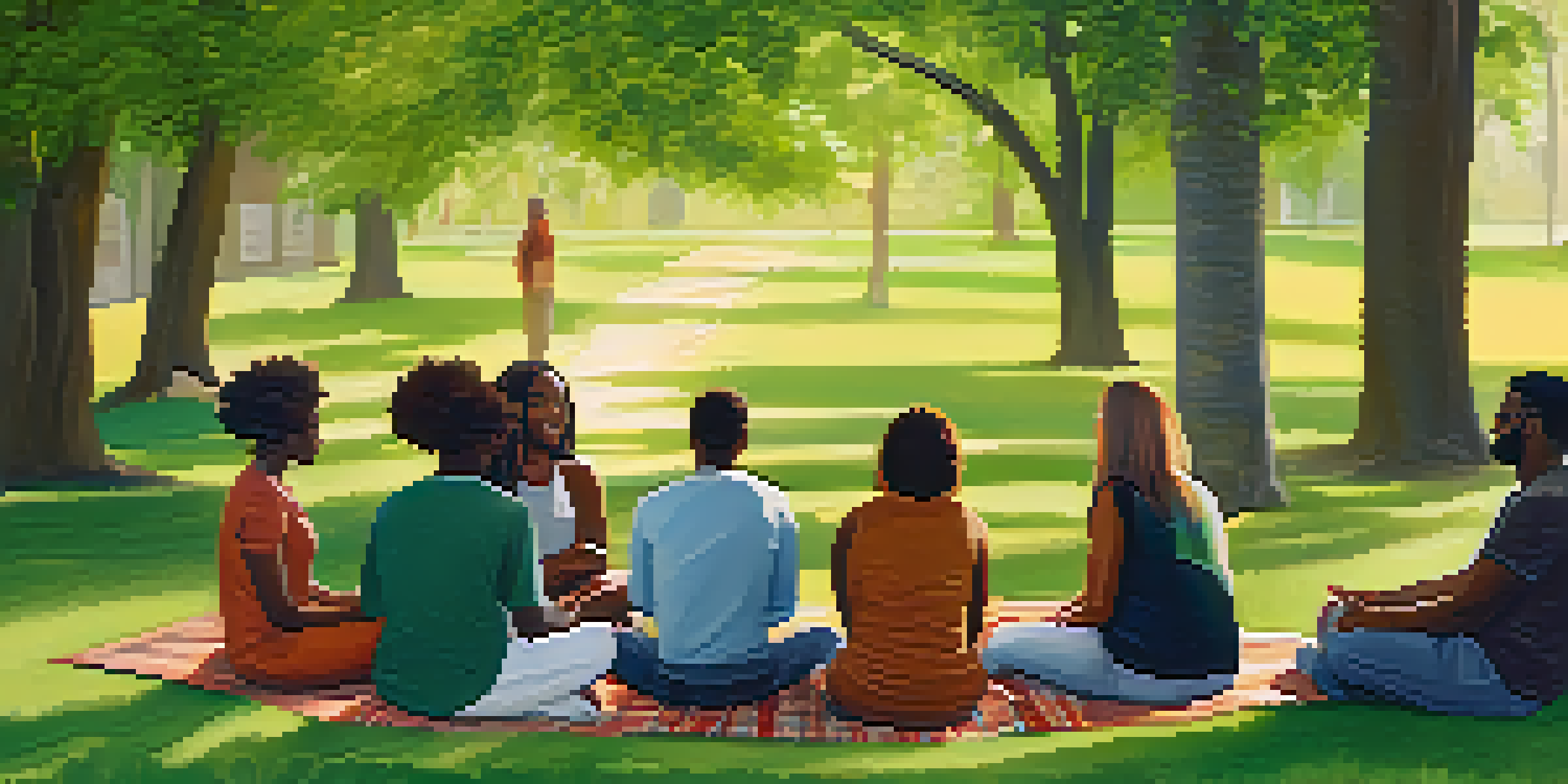 A diverse group of individuals sitting in a circle on blankets in a park, engaging in a mental health support group session under sunny trees.