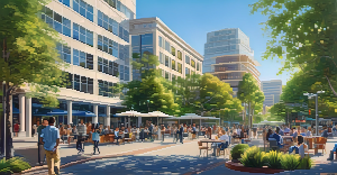 A lively city scene in Redwood City with entrepreneurs interacting in a park and modern buildings in the background.