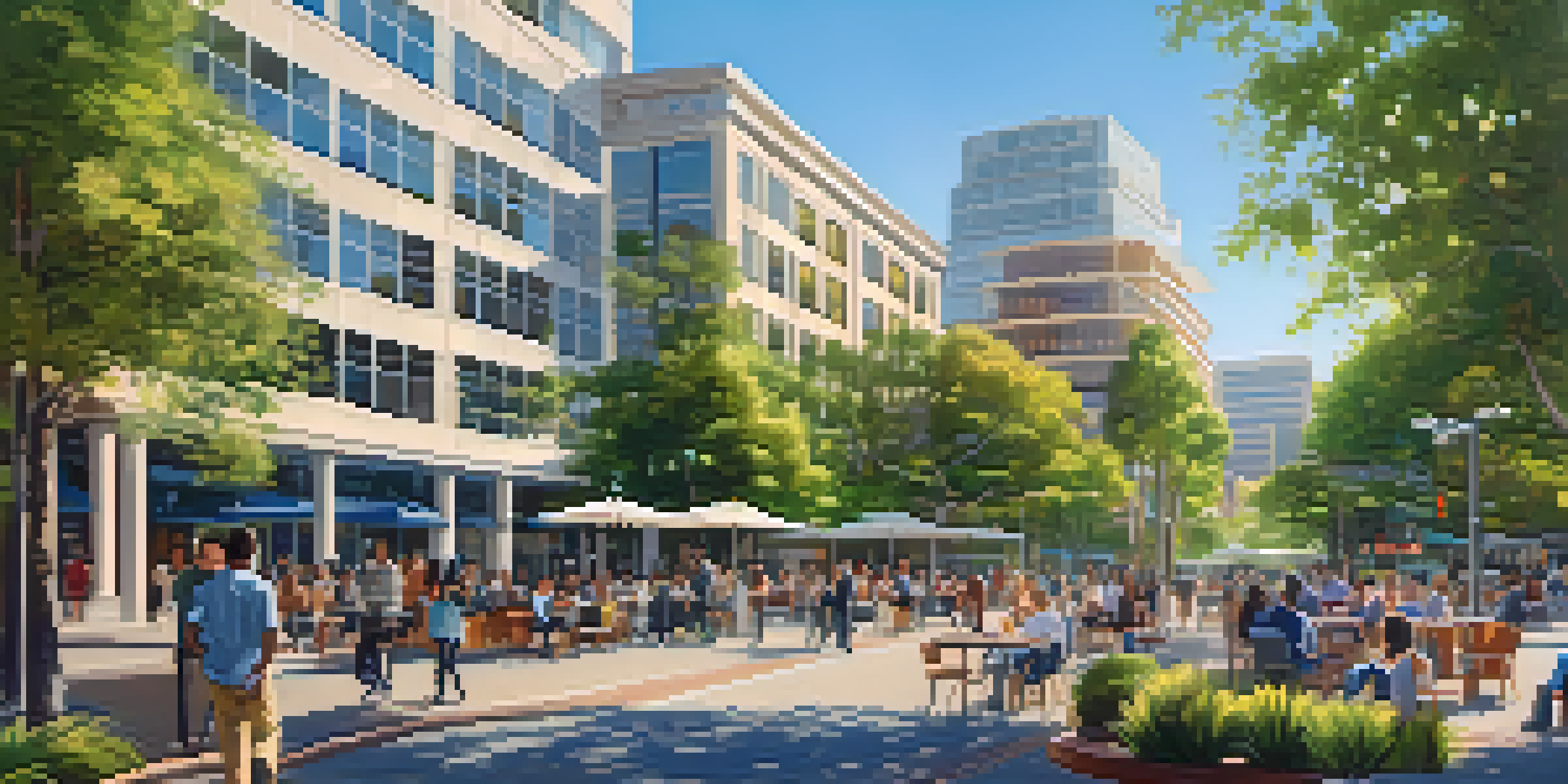 A lively city scene in Redwood City with entrepreneurs interacting in a park and modern buildings in the background.