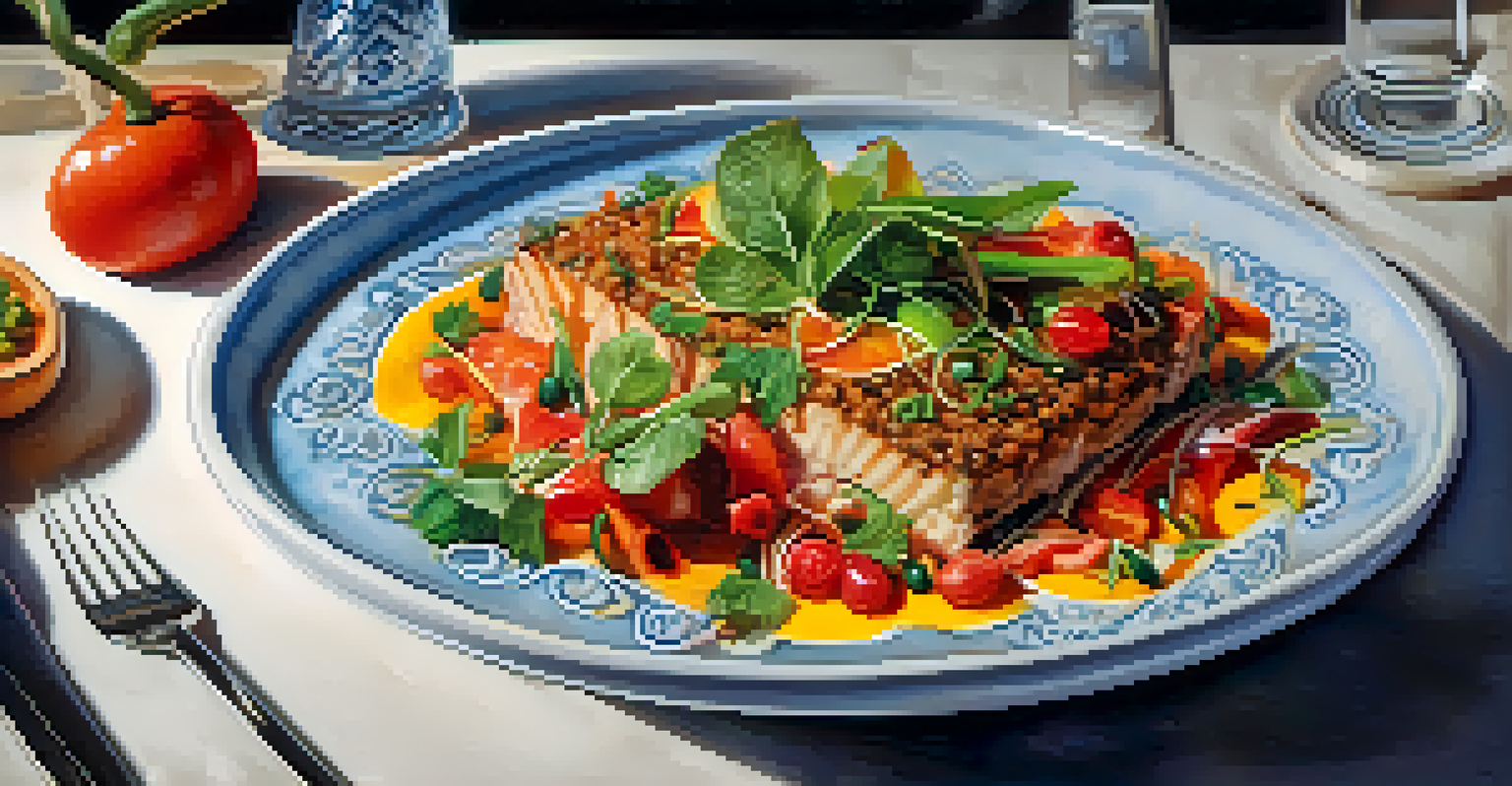 A close-up of a beautifully plated fusion dish from a Redwood City restaurant, showcasing vibrant colors and intricate garnishes.
