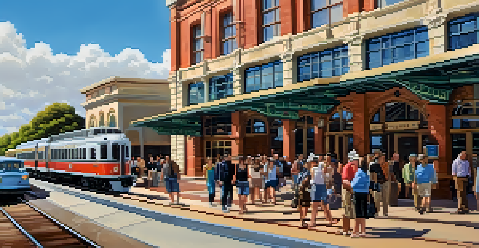 An urban landscape of Redwood City showing modern buildings alongside a restored old train station under a blue sky.