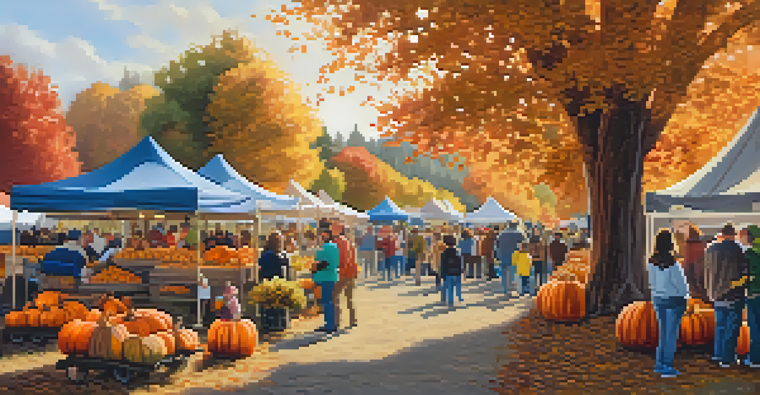 A beautiful autumn scene with golden leaves, pumpkins, and families on hayrides at a harvest festival.