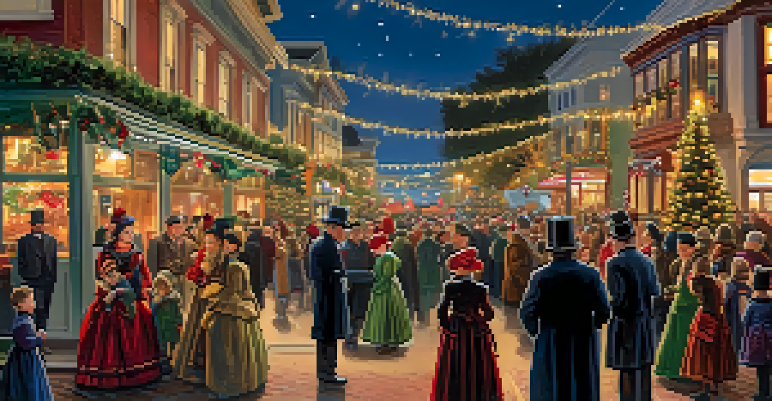 A festive Victorian Christmas celebration with decorated streets and carolers in Redwood City.