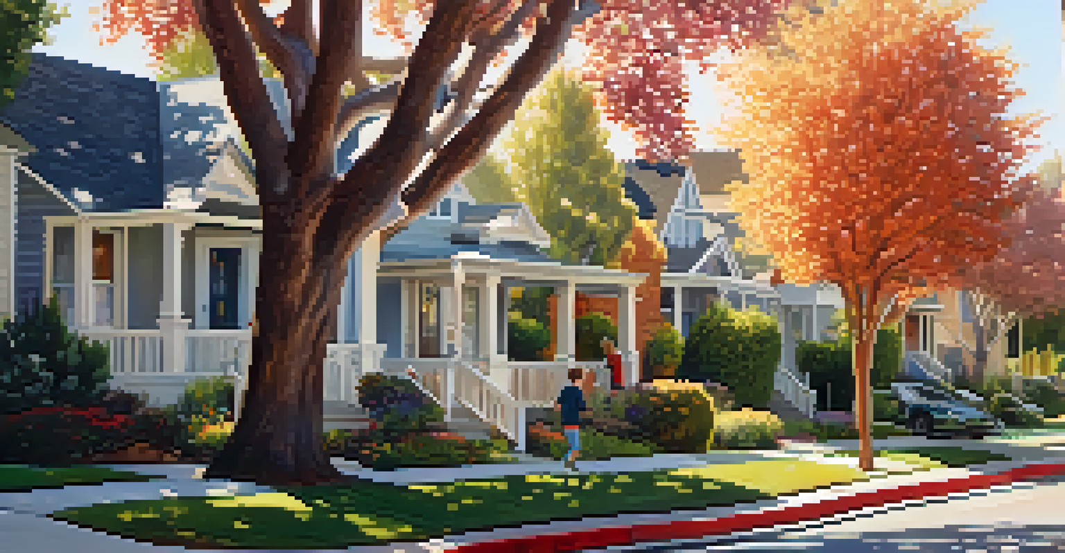 A close-up shot of a residential neighborhood in Redwood City with tree-lined streets and homes with colorful gardens.