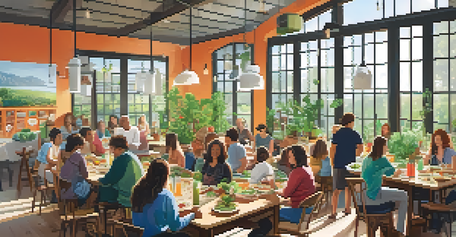 A community cooking class at an eco-friendly cafe, with participants engaged in making plant-based dishes and bright natural light coming through the windows.