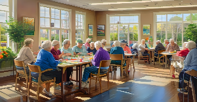 A lively interior of a senior center with seniors painting and interacting, bright and colorful atmosphere.
