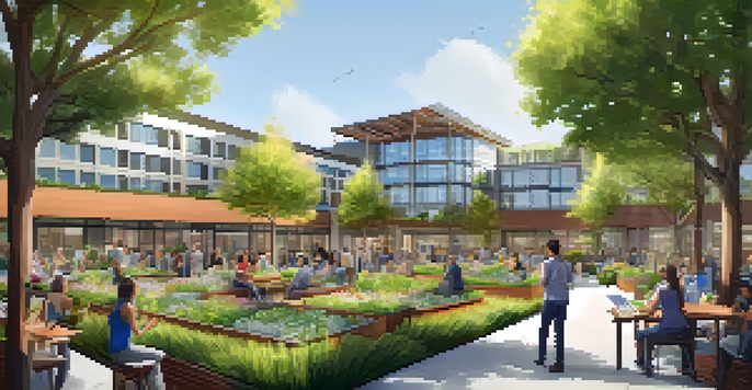 A cityscape of Redwood City featuring eco-friendly buildings with green roofs and solar panels, with community members participating in a design workshop.