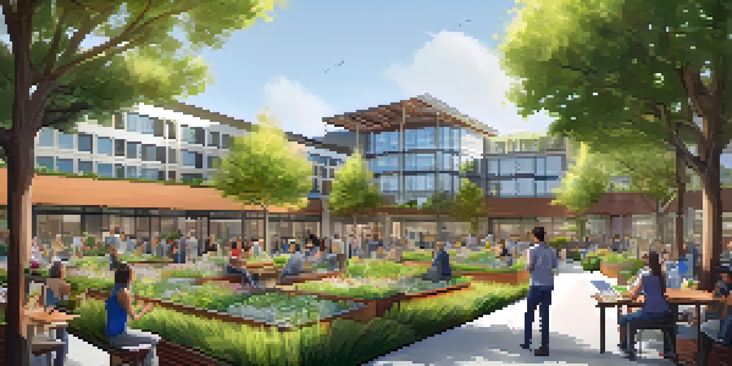 A cityscape of Redwood City featuring eco-friendly buildings with green roofs and solar panels, with community members participating in a design workshop.