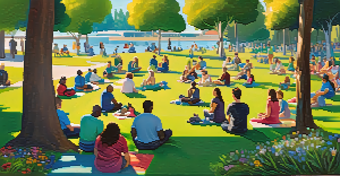 A peaceful park in Redwood City with diverse groups of people participating in mental health workshops under a bright blue sky.