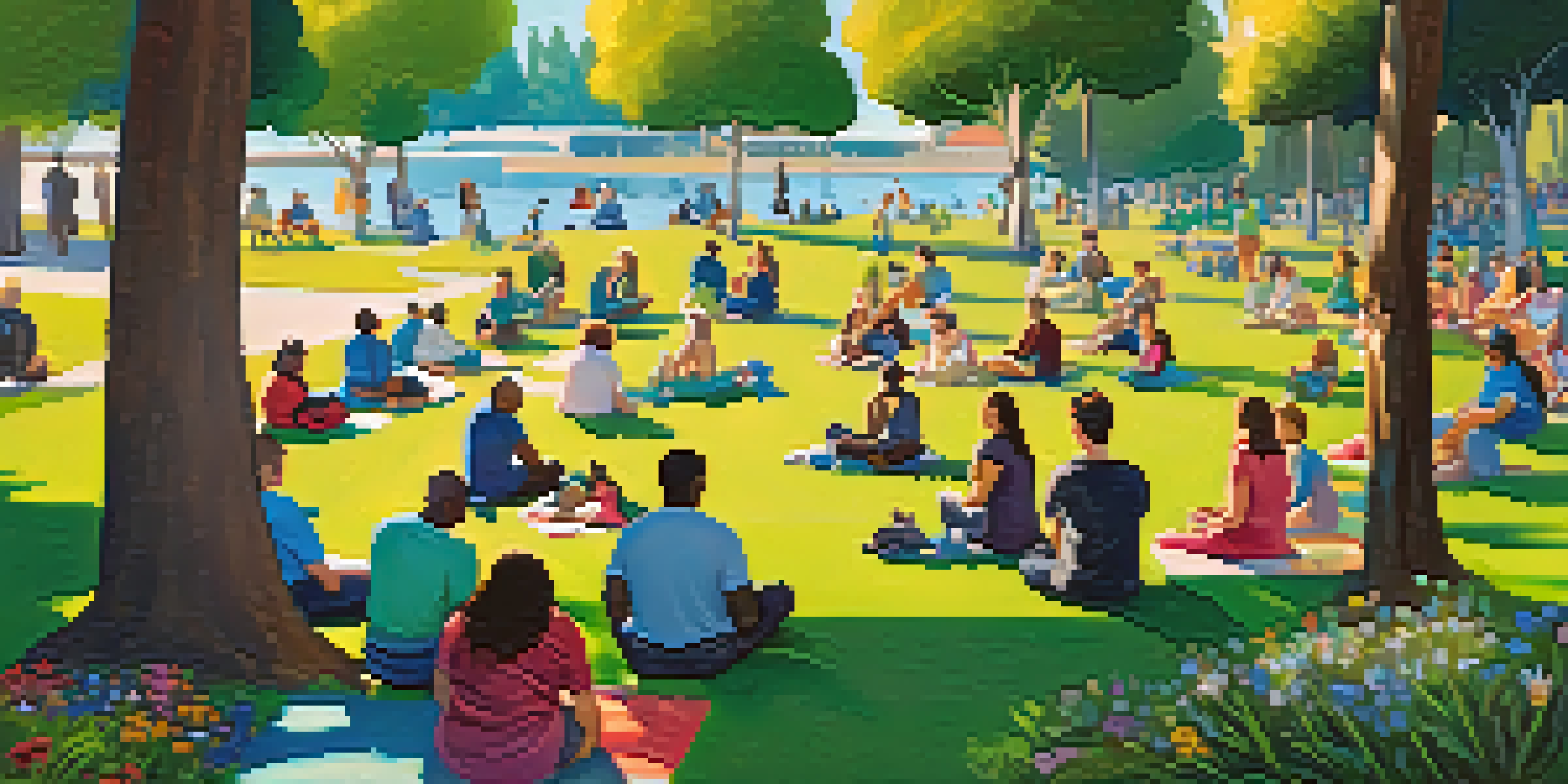 A peaceful park in Redwood City with diverse groups of people participating in mental health workshops under a bright blue sky.