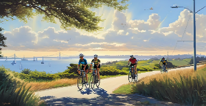 Cyclists enjoying a sunny day on the Bay Trail in Redwood City, with the bay and blue sky in the background.
