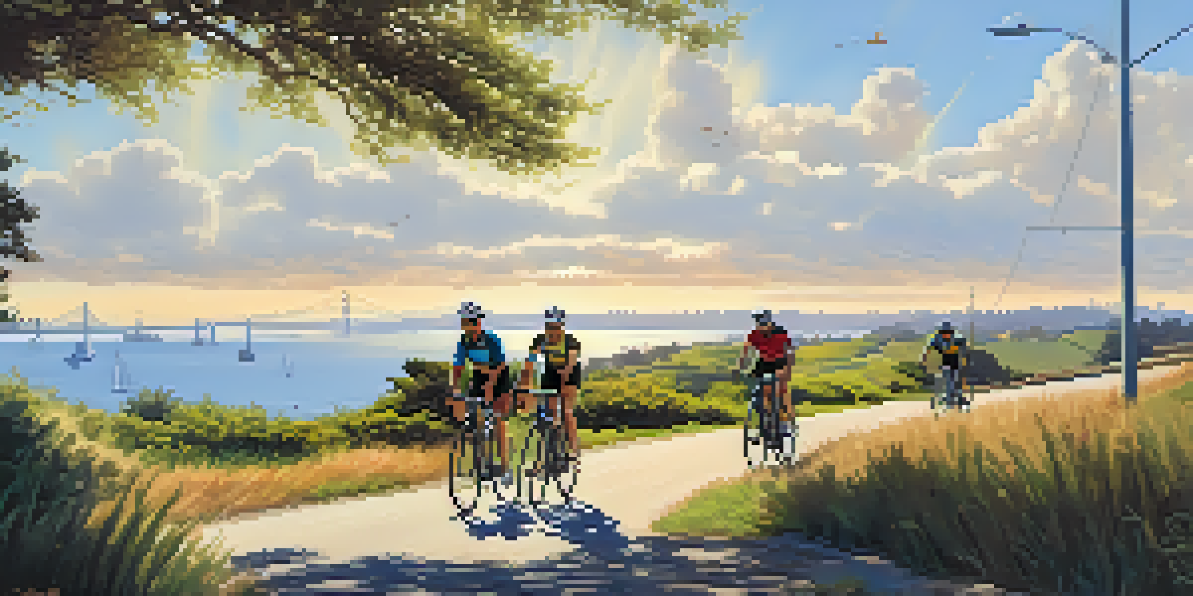 Cyclists enjoying a sunny day on the Bay Trail in Redwood City, with the bay and blue sky in the background.