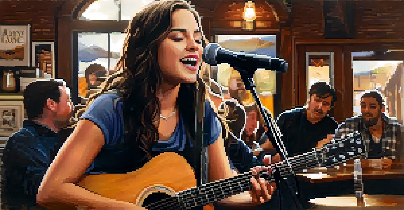 A close-up of a young singer-songwriter performing at a coffee shop, passionately singing into a microphone with a guitar.