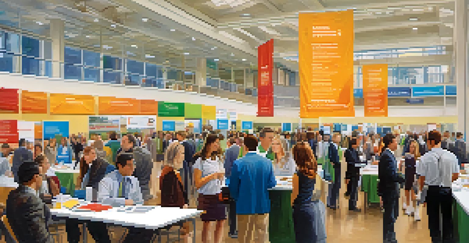 A lively career fair in Redwood City with students networking and engaging with company representatives at various booths.