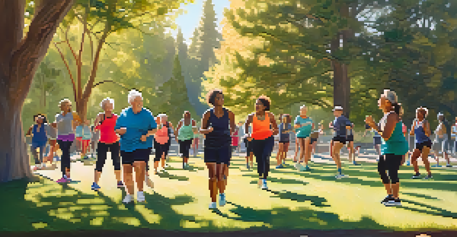 A diverse group of residents enjoying an outdoor fitness class in a park, highlighting community health and wellness.
