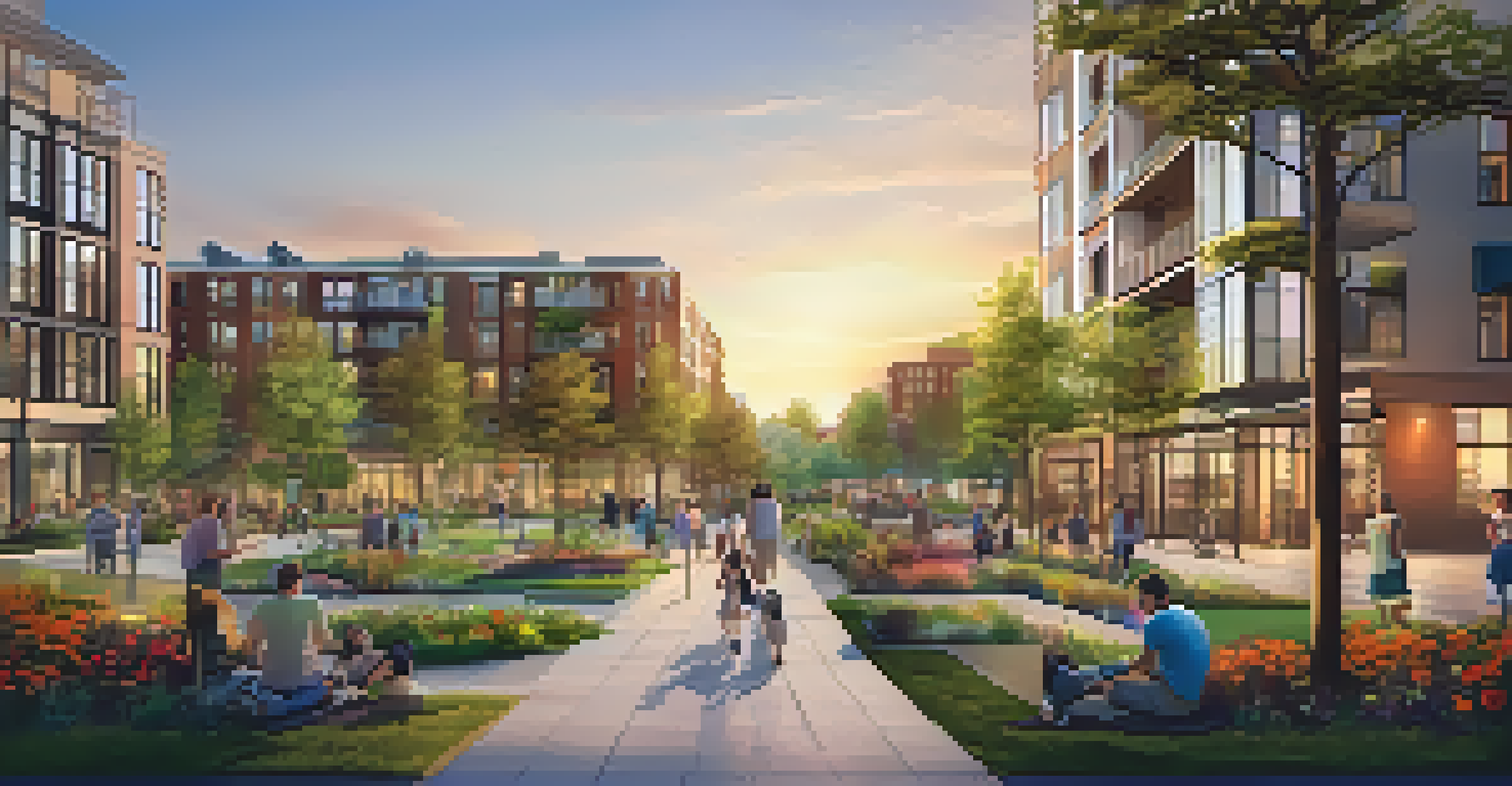 A beautiful park in a modern urban area, filled with families and greenery, with sunset lighting.