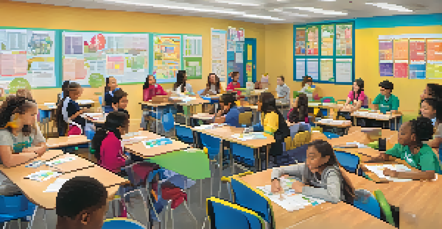 A school classroom in Redwood City with students participating in a mental health awareness workshop, featuring colorful posters and an engaged teacher.