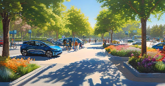 A modern urban park in Redwood City with electric vehicles parked near colorful charging stations and people enjoying the outdoors.