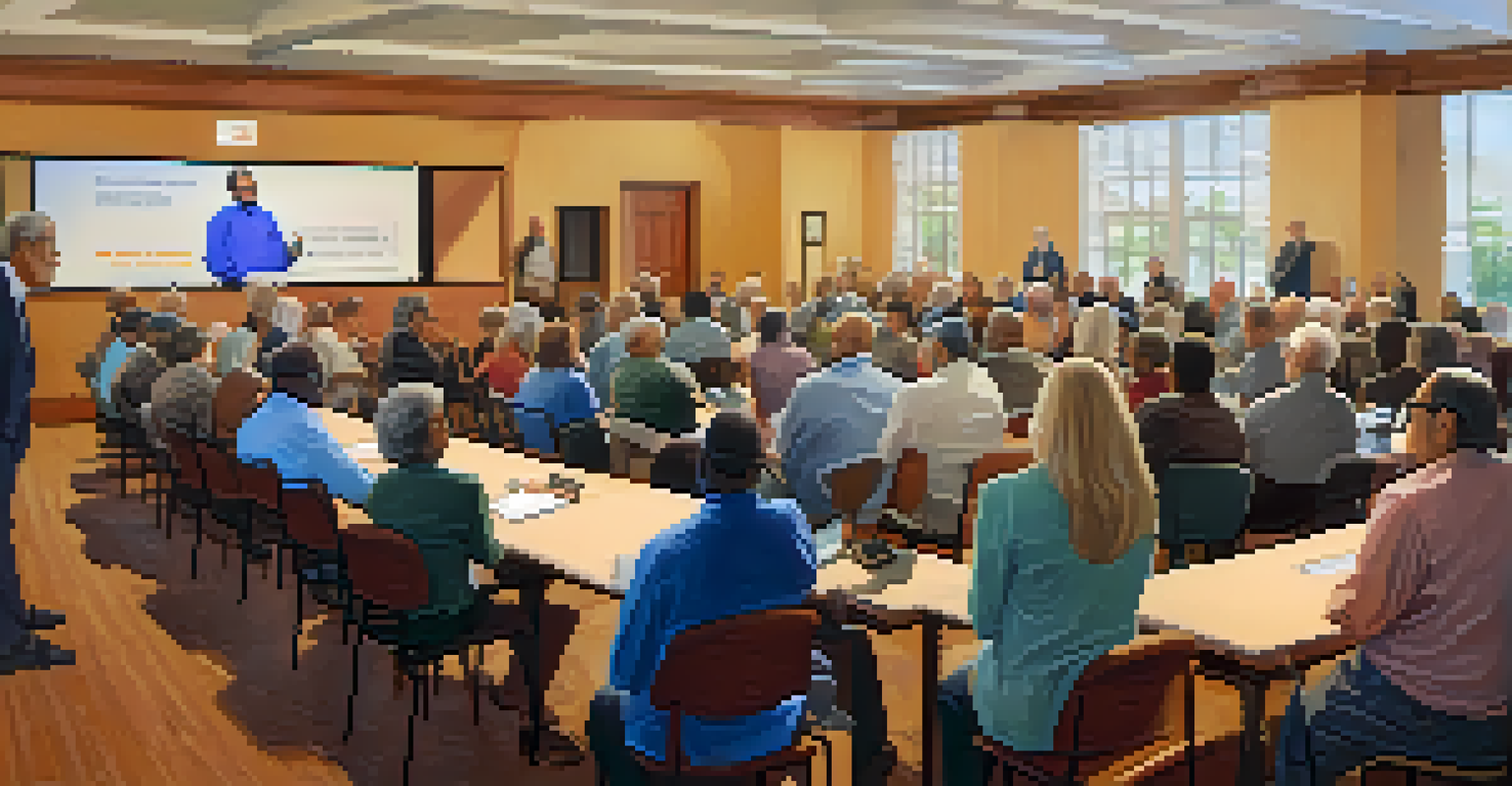 A town hall meeting in Redwood City where diverse residents engage with technology displays and feedback stations, fostering public engagement.