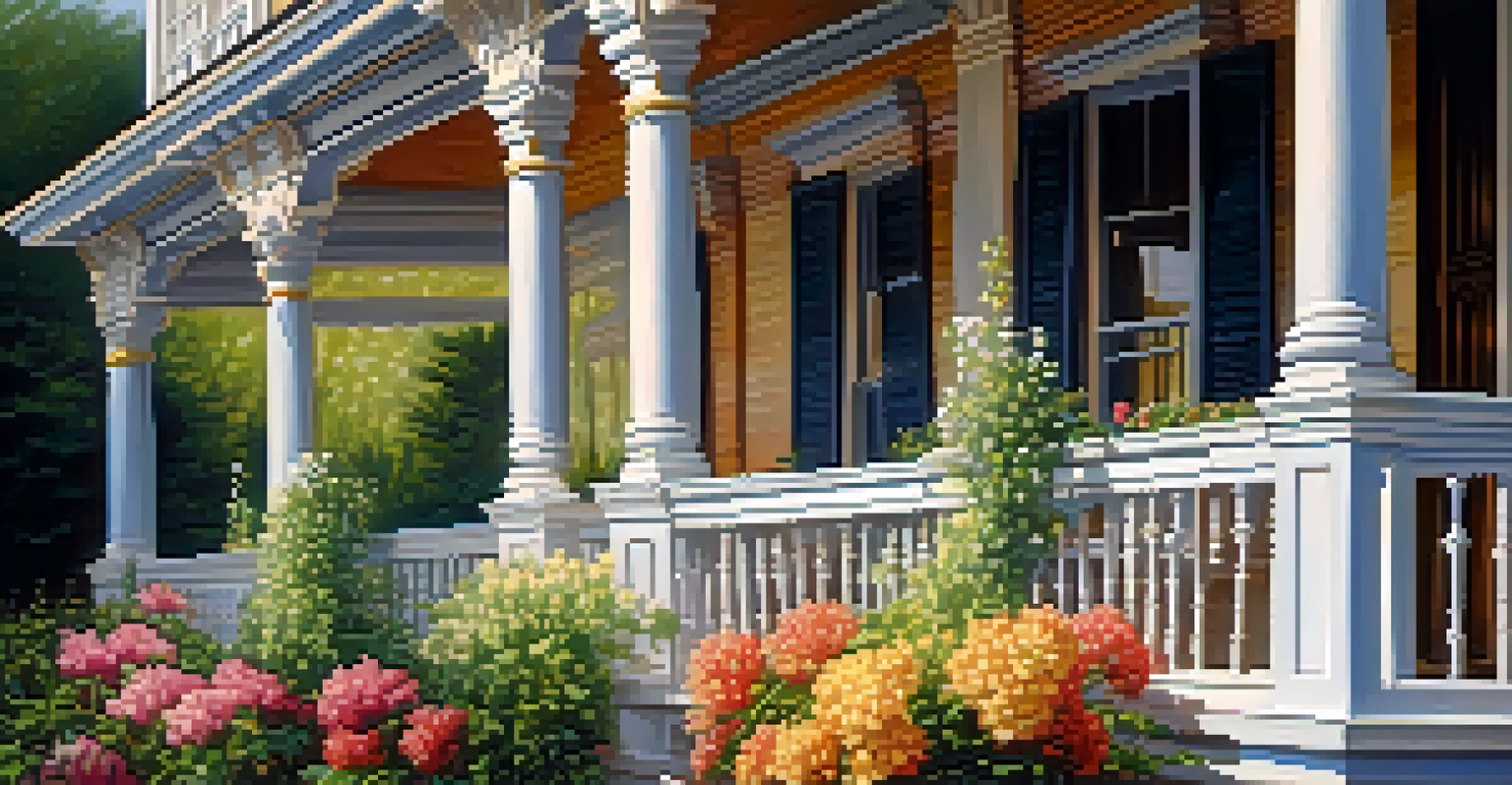 Close-up of an ornate Victorian porch with decorative details and blooming flowers.