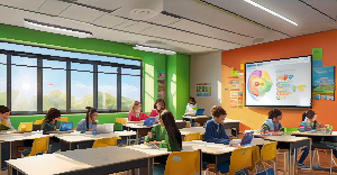 A modern classroom bustling with students engaged in e-learning, featuring screens, laptops, and creative decorations.