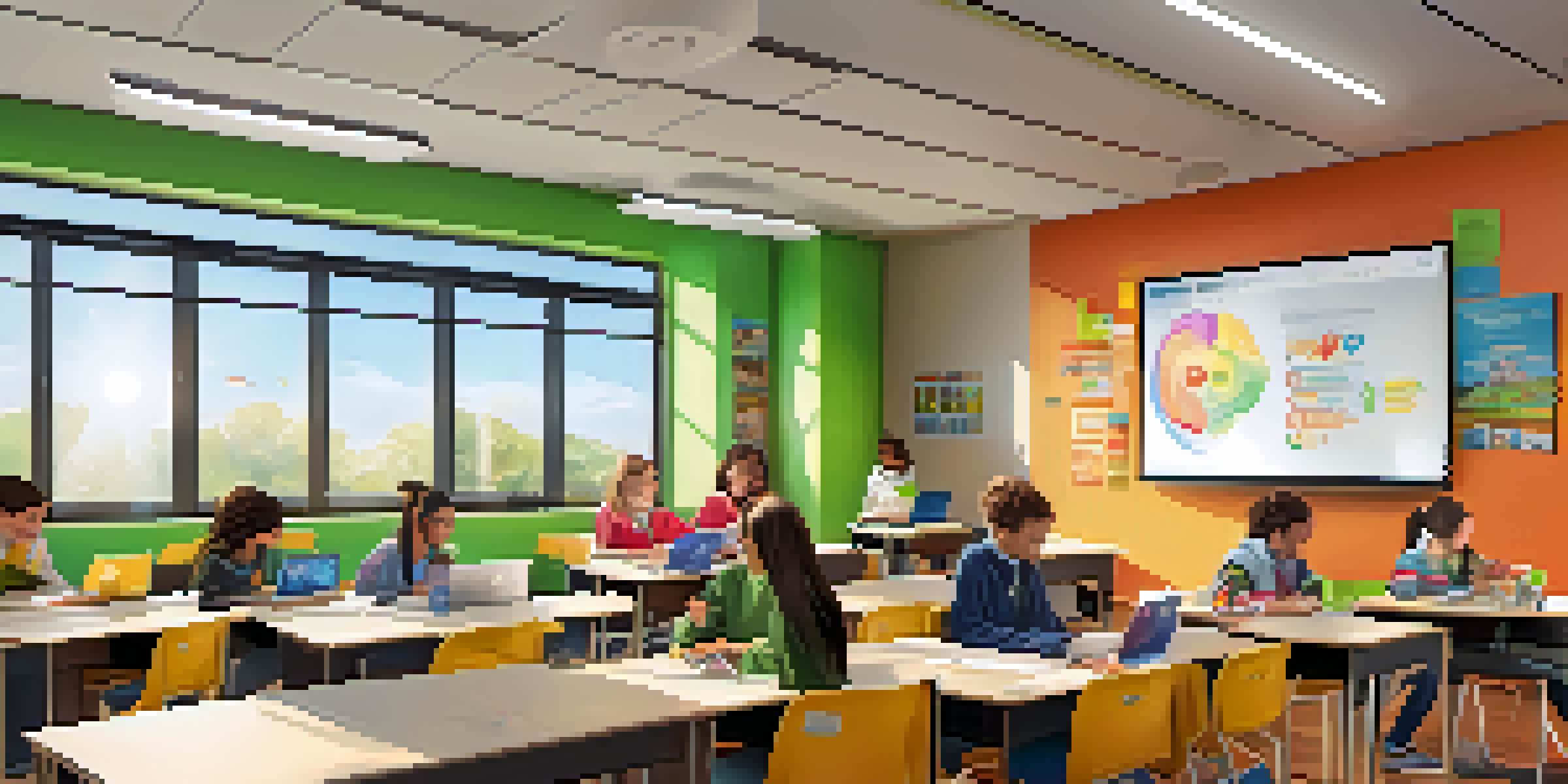 A modern classroom bustling with students engaged in e-learning, featuring screens, laptops, and creative decorations.