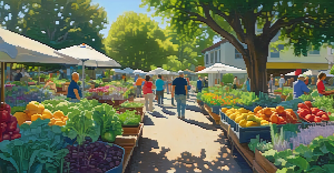 A community garden with diverse people working together, surrounded by plants and flowers under sunny skies.