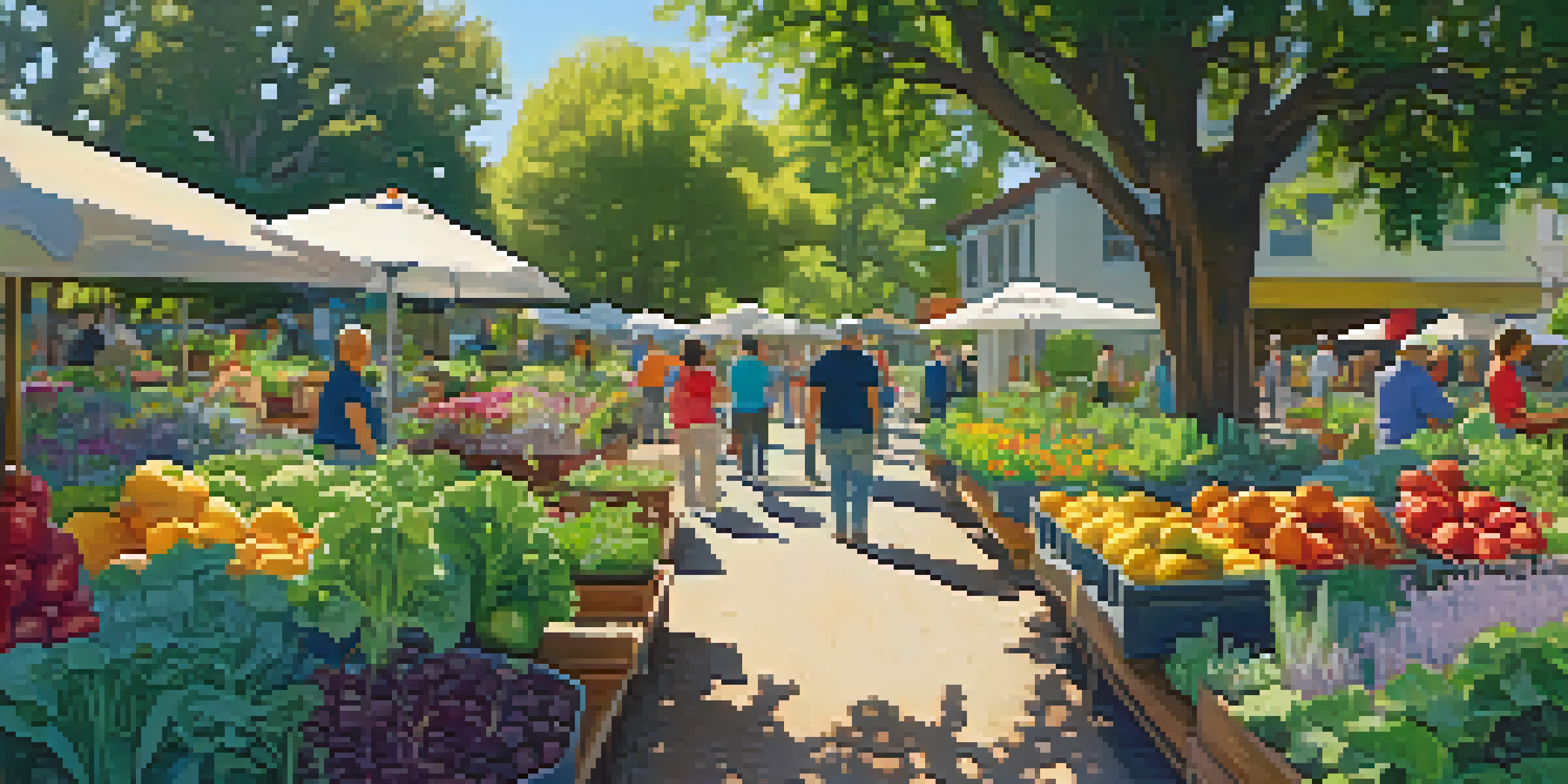 A community garden with diverse people working together, surrounded by plants and flowers under sunny skies.