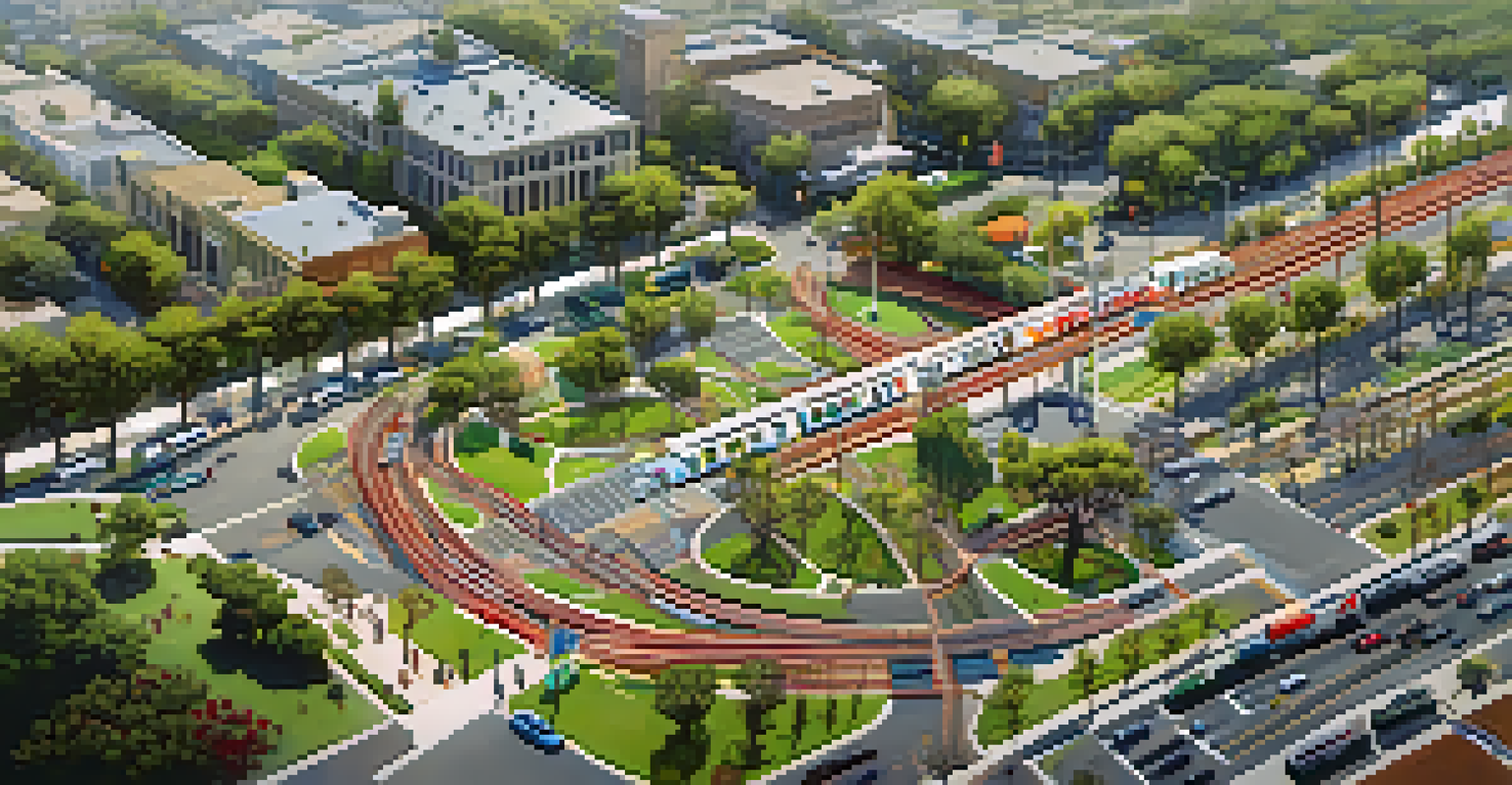 An aerial perspective of Redwood City showcasing its transportation infrastructure with buses, bikes, and parks.