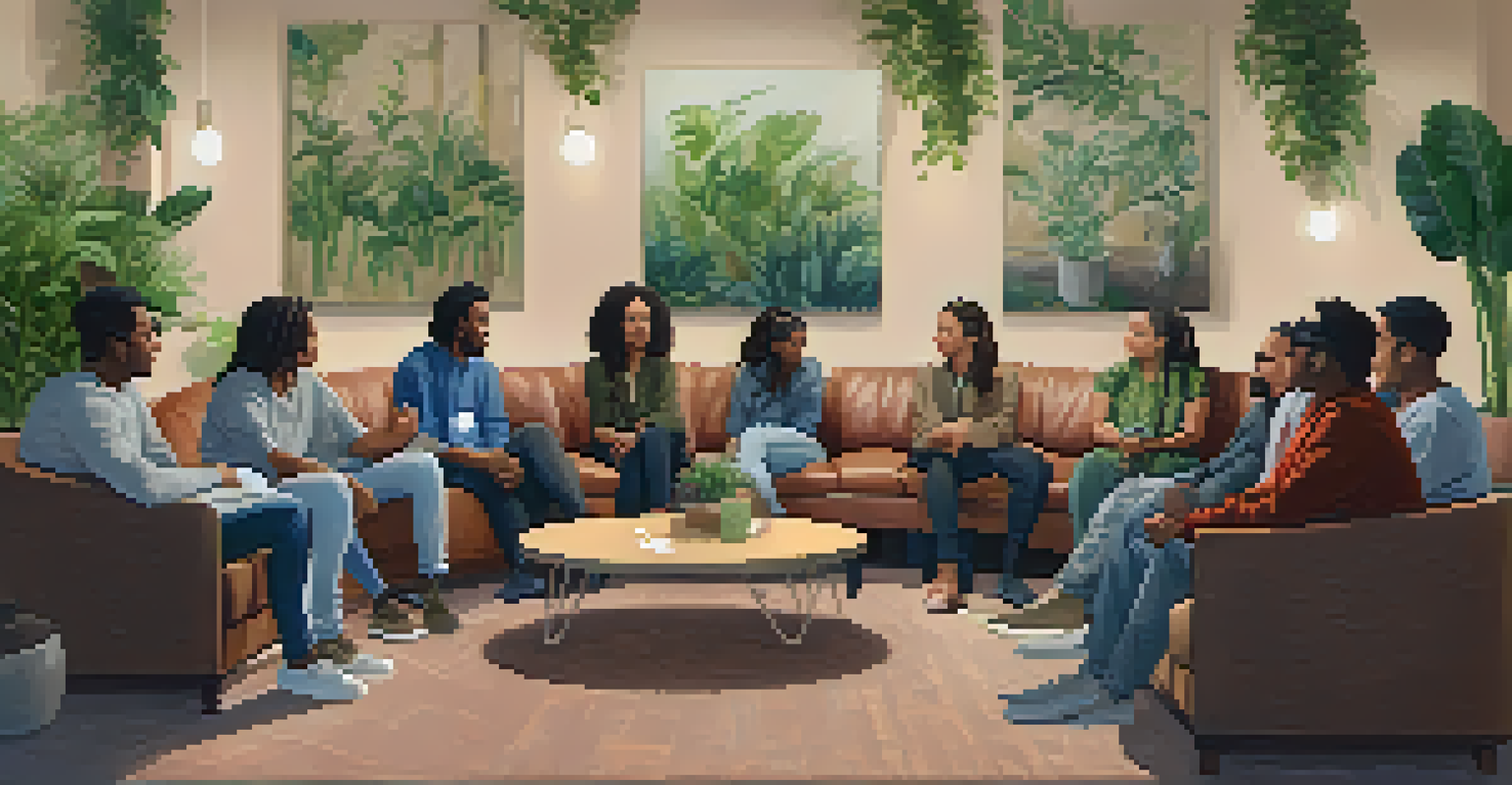 A peer support group meeting in a Redwood City community center, with individuals sharing stories in a warm and inviting environment.