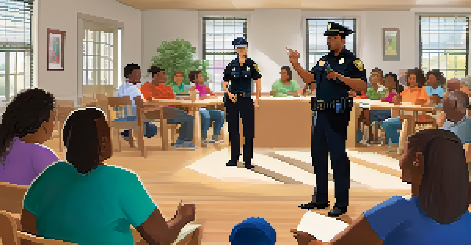 A police officer leading a home security workshop in a community center, with diverse residents attentively listening and engaging in the session.