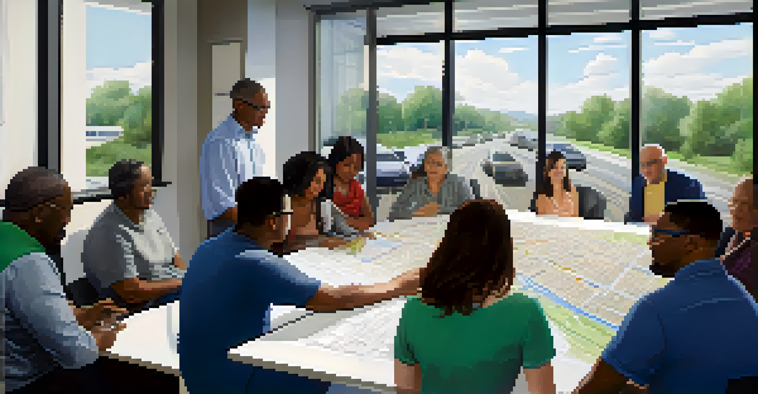 A diverse group of residents engaged in a planning meeting, discussing urban development over blueprints.