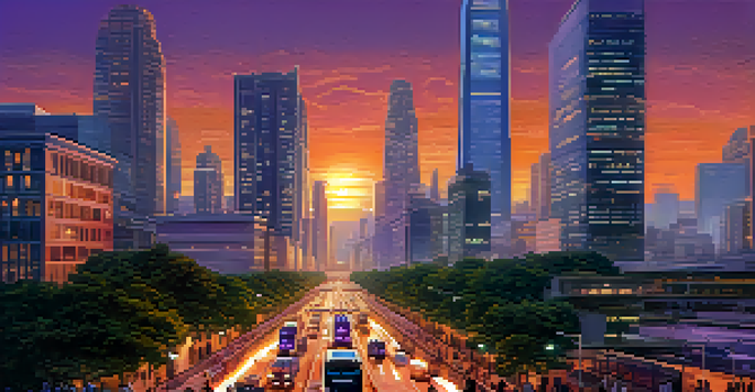 A vibrant smart city scene at dusk with futuristic buildings, greenery, and people using technology to navigate transport.