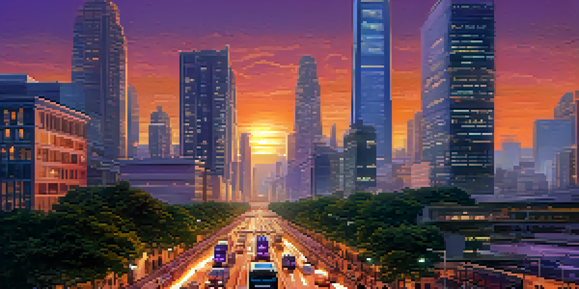 A vibrant smart city scene at dusk with futuristic buildings, greenery, and people using technology to navigate transport.