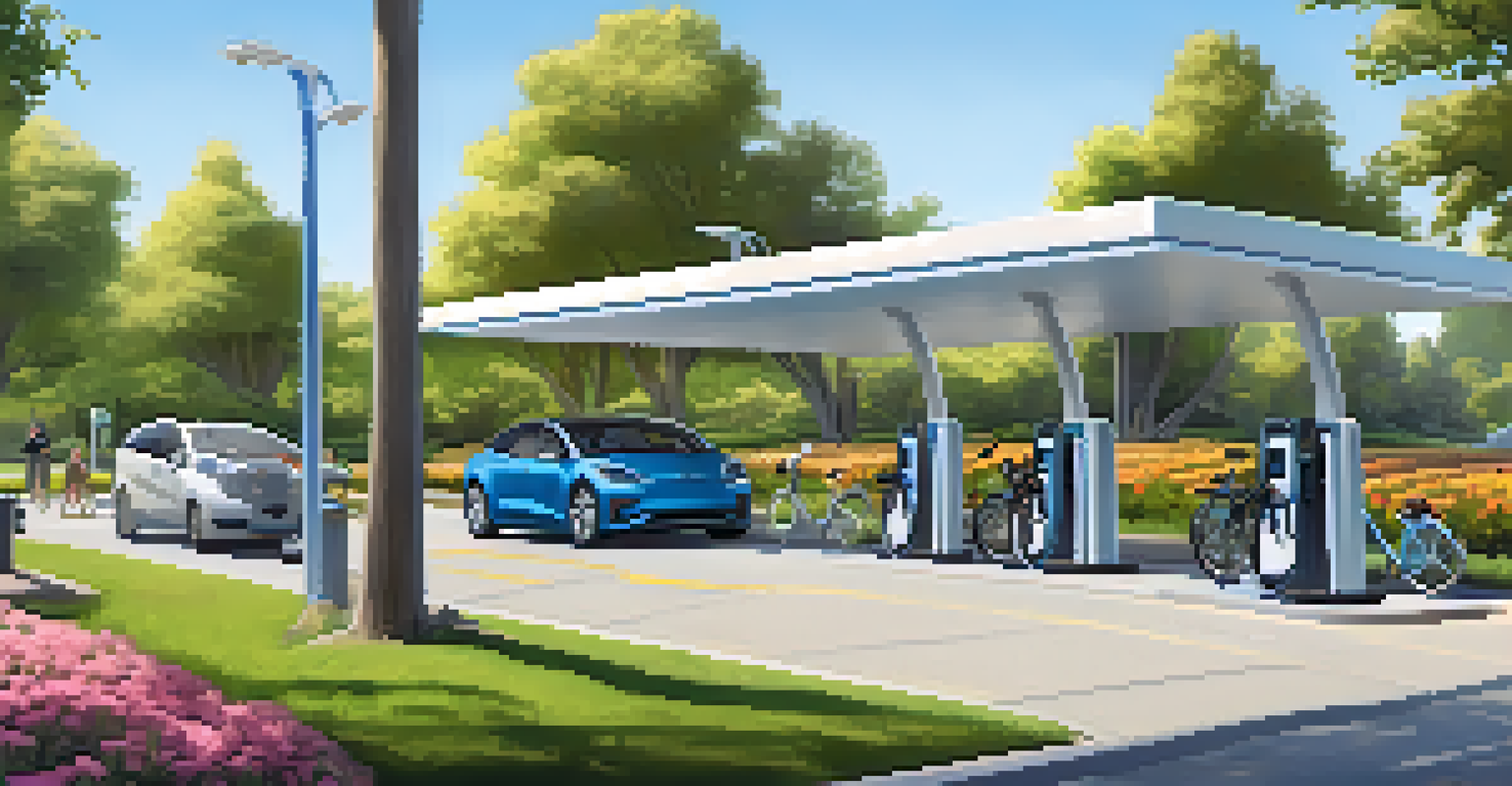 An electric vehicle charging station in a park, surrounded by flowers and trees, with cyclists and a family in the background.