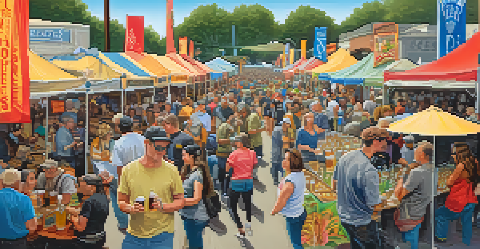 A lively beer festival scene with attendees sampling beers from various local breweries and enjoying live music.