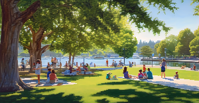 A tranquil scene of Marlin Park featuring families picnicking and children playing, with the waterfront in the background.