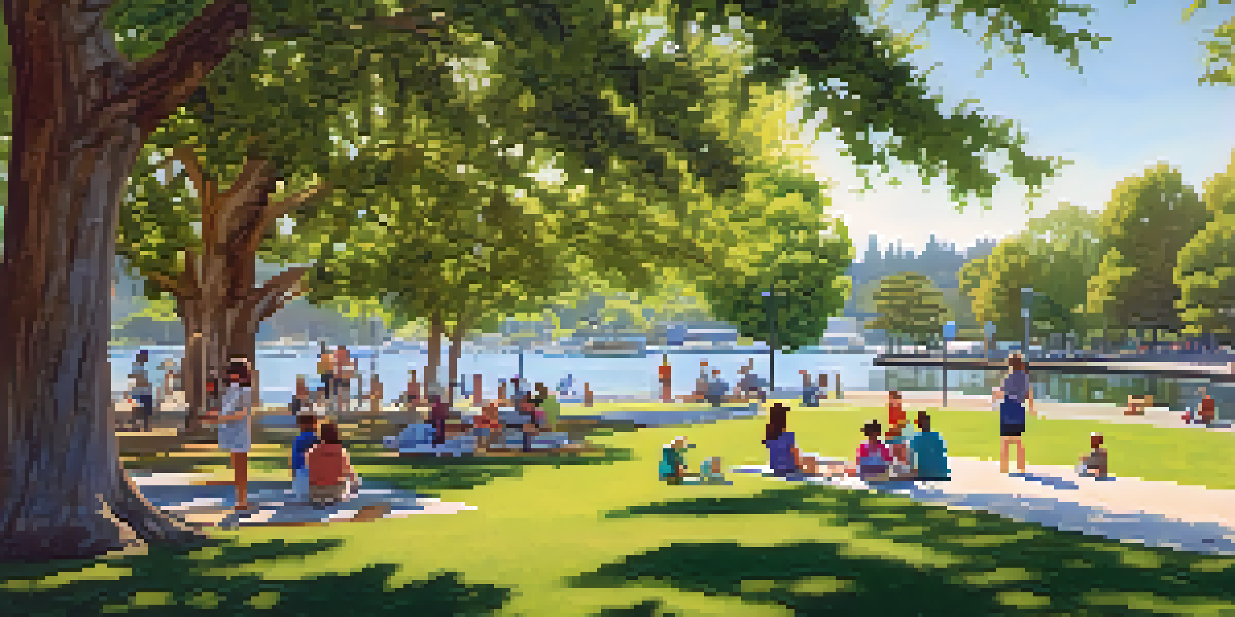 A tranquil scene of Marlin Park featuring families picnicking and children playing, with the waterfront in the background.