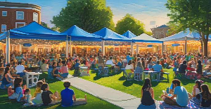 Families enjoying a summer concert at Courthouse Square in Redwood City, with picnic blankets and children dancing under colorful string lights.