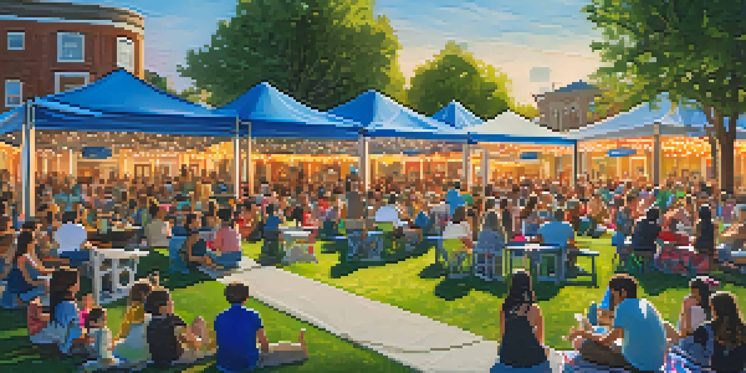 Families enjoying a summer concert at Courthouse Square in Redwood City, with picnic blankets and children dancing under colorful string lights.