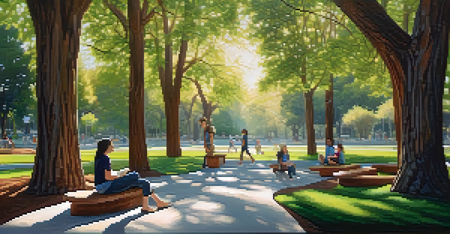 A park scene with the 'Nature's Embrace' installation surrounded by trees and families enjoying the outdoors.