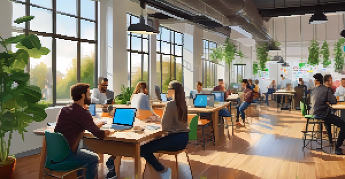 A lively co-working space in Redwood City with diverse entrepreneurs collaborating over laptops and large windows letting in natural light.