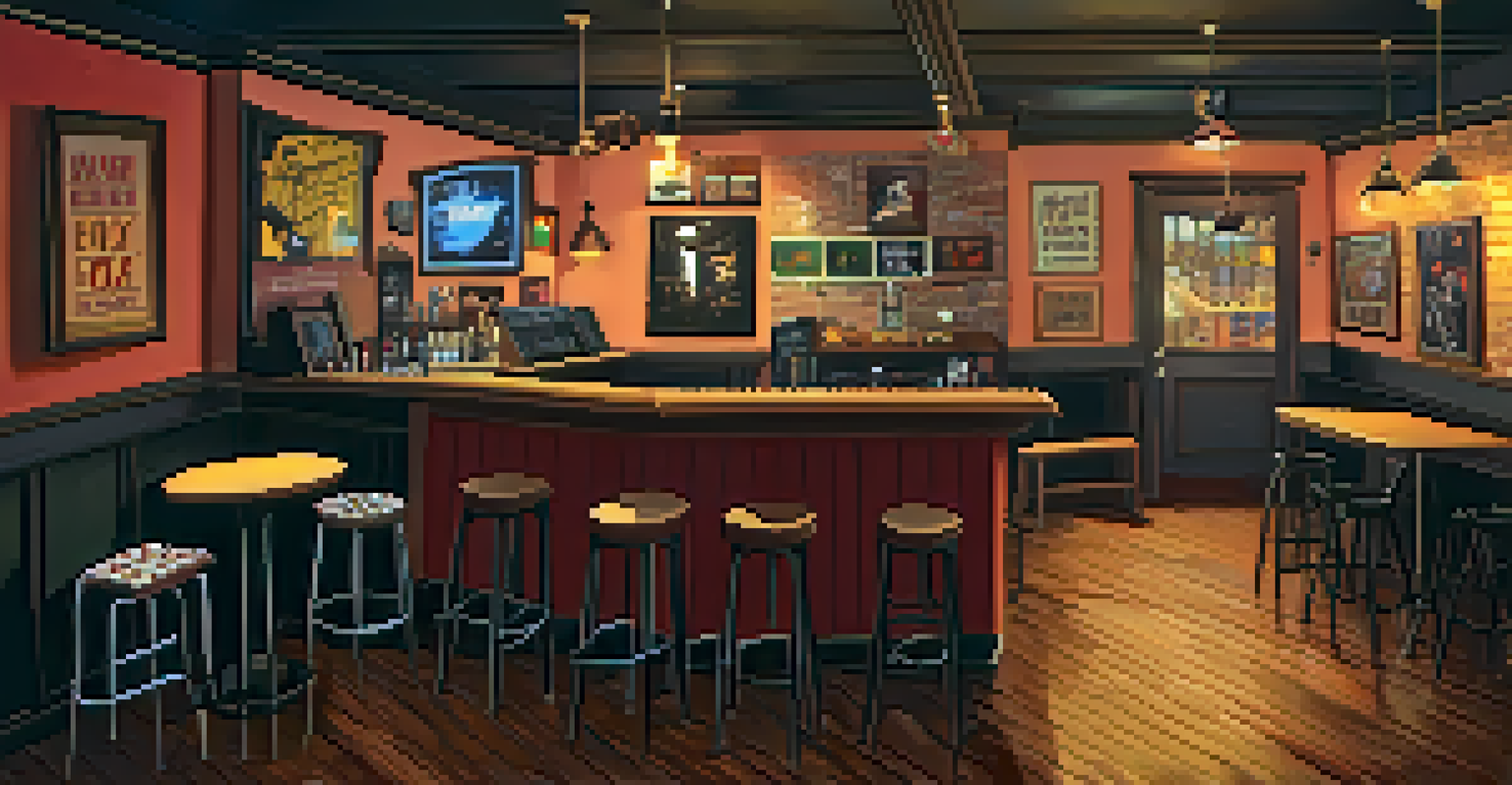 An intimate live music venue with warm lighting, a small crowd enjoying a folk-pop performance, and walls decorated with music memorabilia.