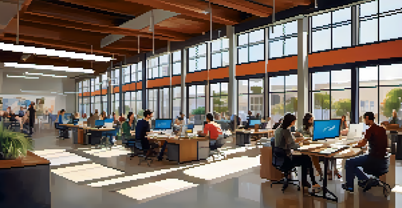 A modern co-working space in Redwood City, filled with people working together on laptops in a bright and open environment.