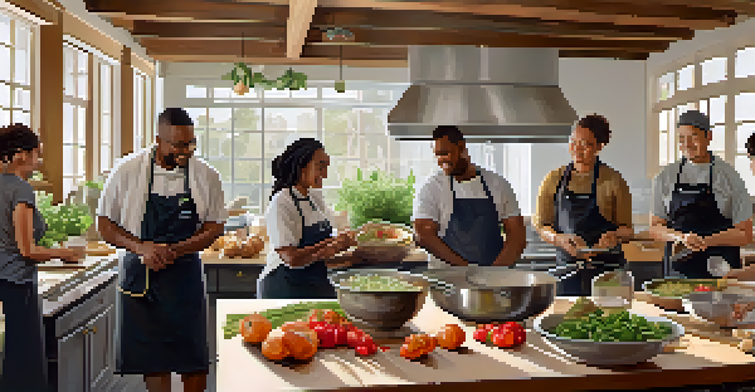 A community cooking class with participants preparing dishes using fresh local ingredients in a bright kitchen.