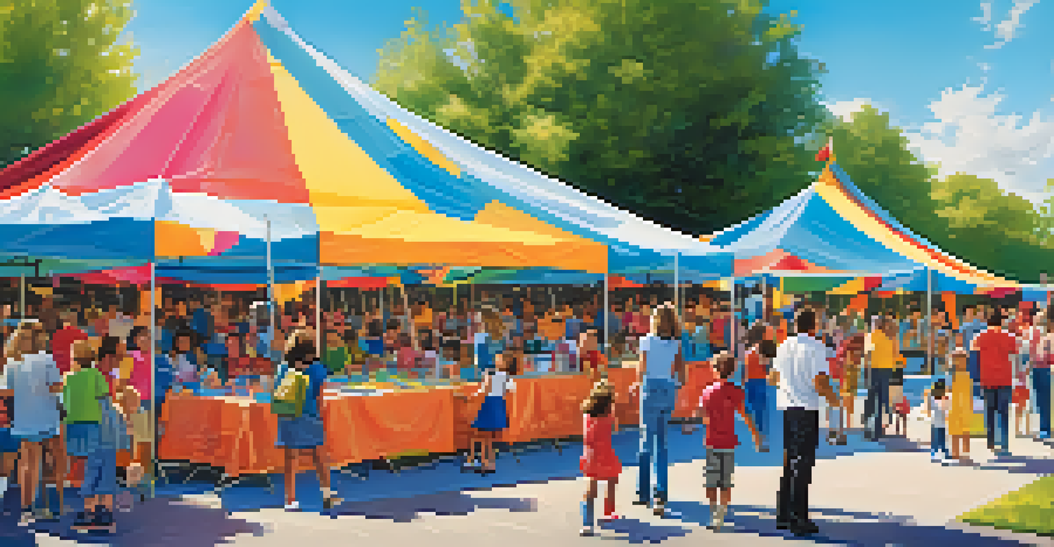 Families enjoying a school fair with colorful tents and children participating in various games and activities.