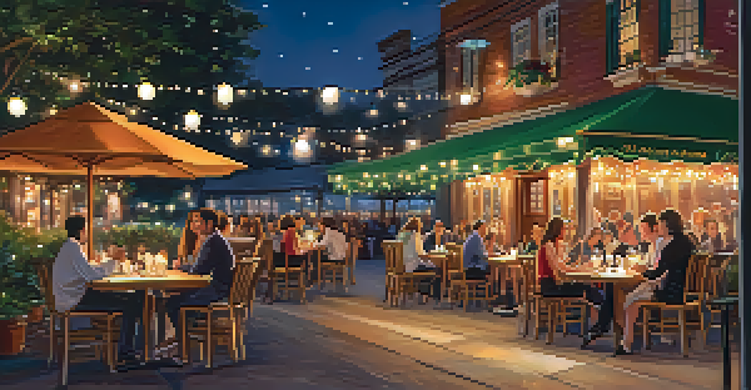 An outdoor dining area at night with fairy lights, diners enjoying food, and live performers in the background.