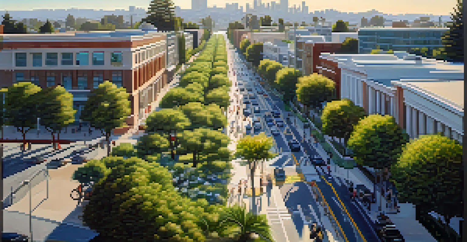 Aerial view of bike lanes and pedestrian paths in Redwood City, showcasing cyclists and green spaces against modern buildings.